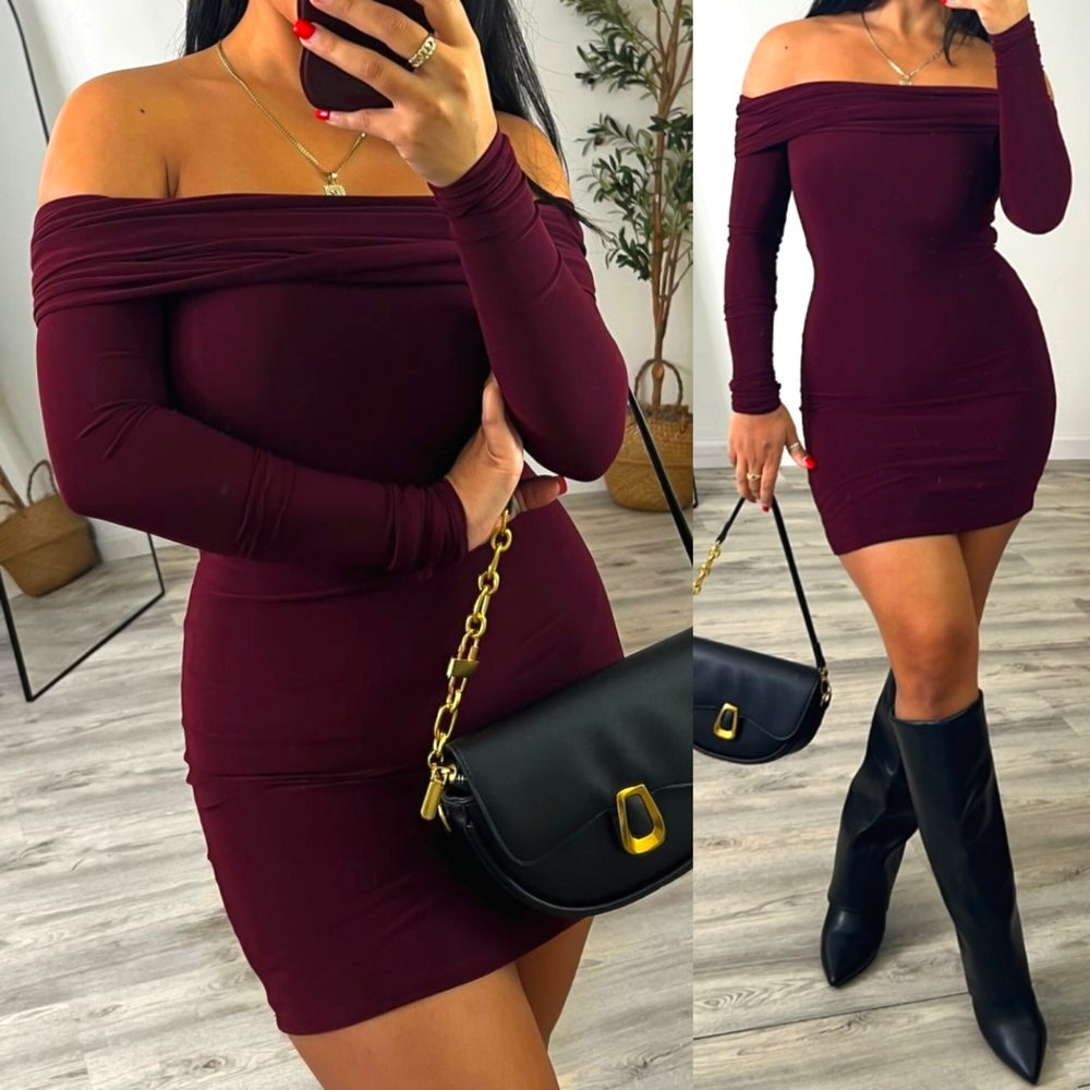 . Talk Of The Town Burgundy Long Sleeve Off The Shoulder Mini Dress